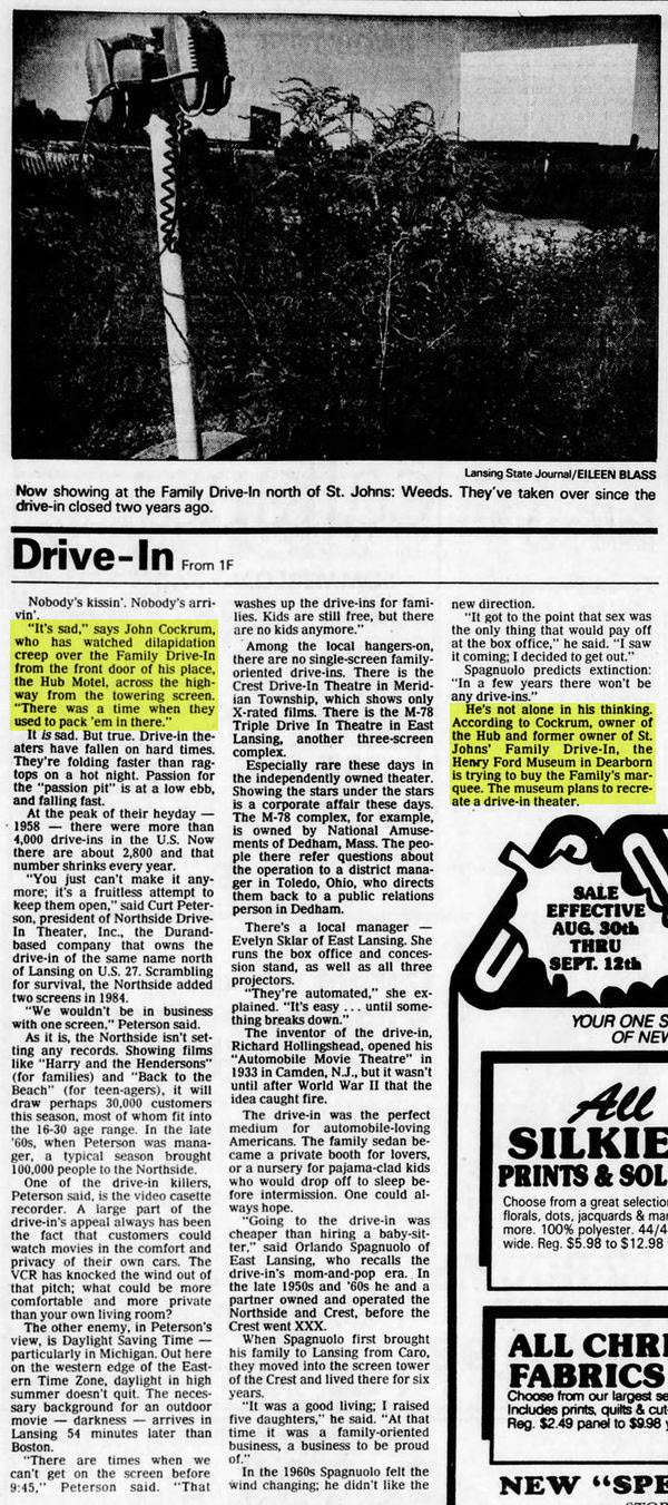 Family Drive-In Theatre - Aug 30 1987 Article On Closing Of Drive-Ins (newer photo)